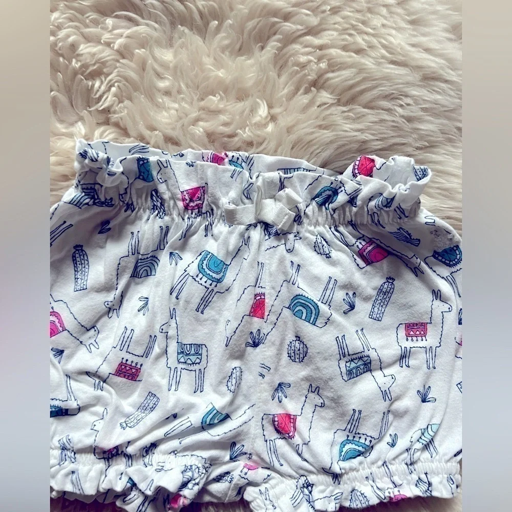 Baby Gap bloomers shorts girls pink w/dark sewn pattern, white llama print 6M